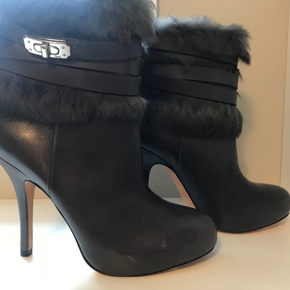 Coach Janeva Rabbit Fur Trimmed Grey Leather Boots - Picture 6 of 6